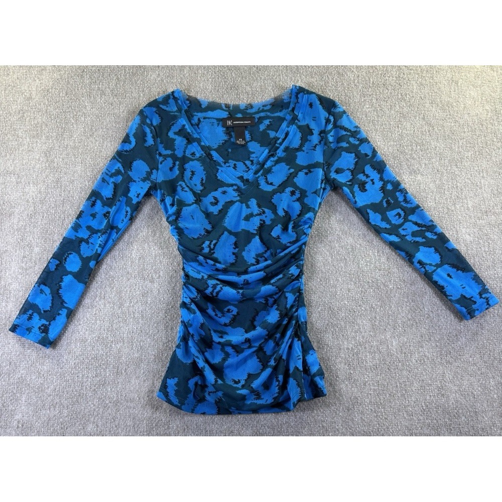 INC Vibrant Blue Leopard Print Ruched V Neck Top Size XS